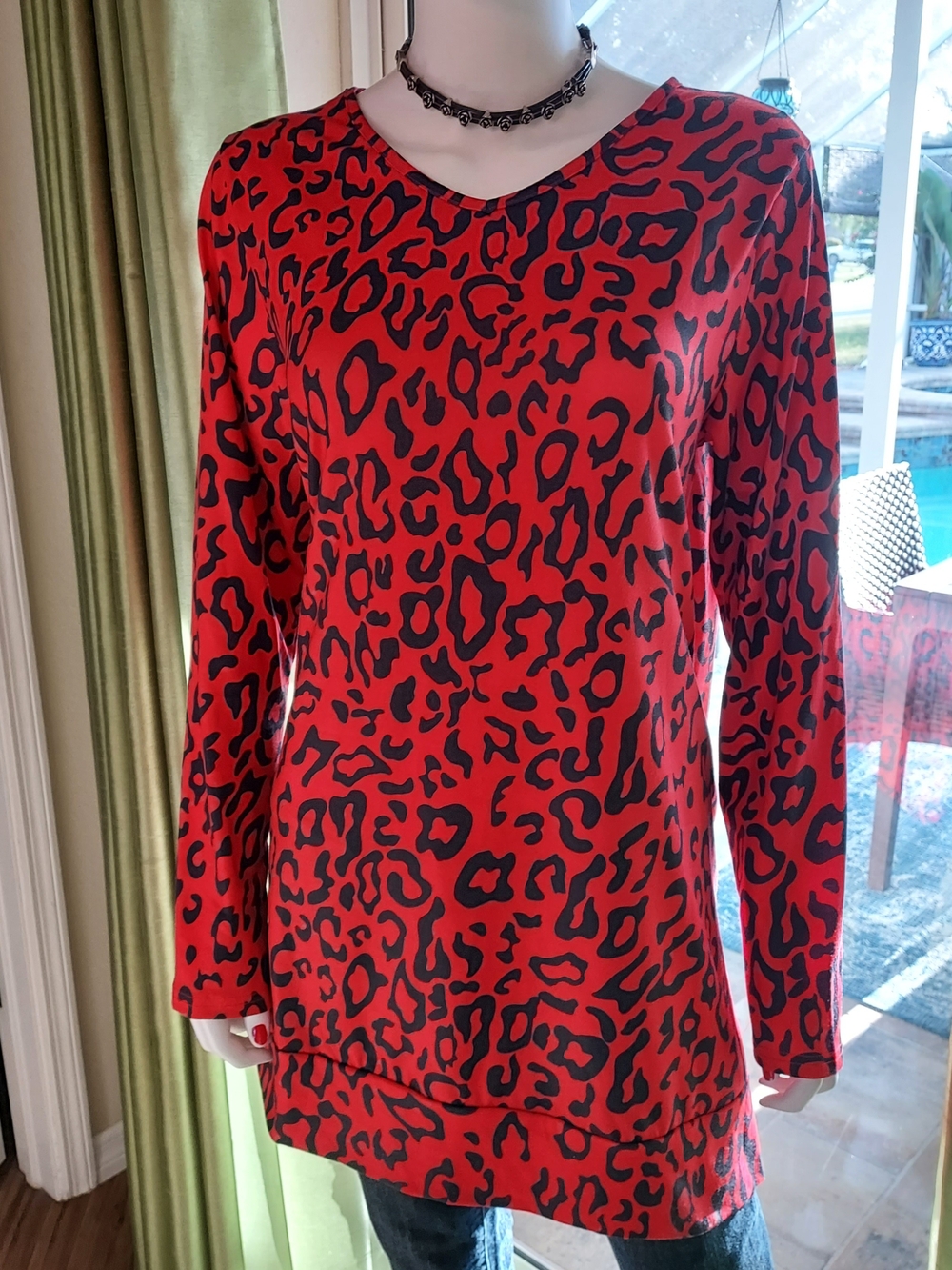 2 *Red Leopard & *White Leopard Print Long Sleeve Women's Tunic Sweatshirts. L